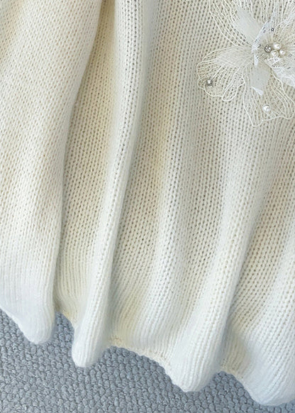 Loose White Floral Nail Bead Knit Sweaters Fall