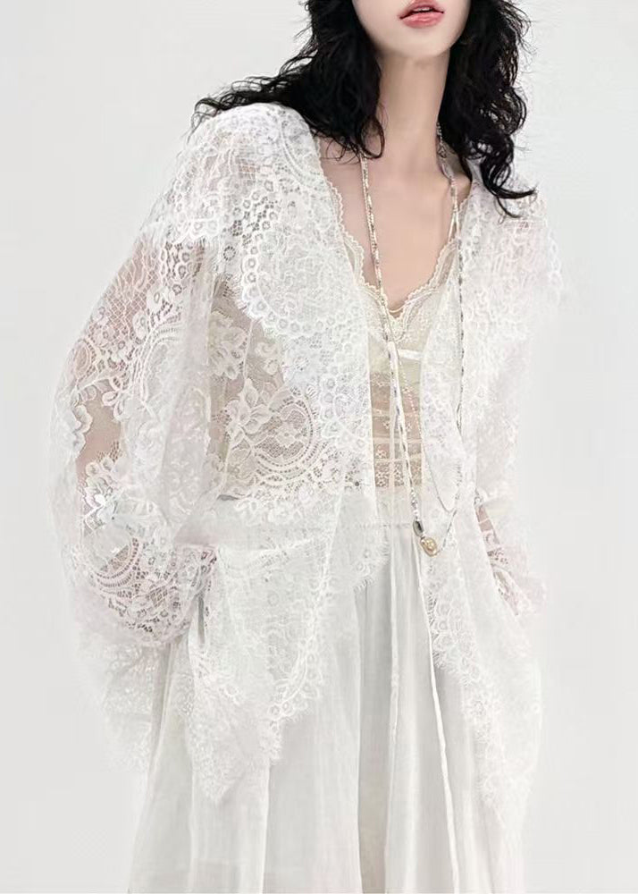 Loose White Hooded Hollow Out Lace Up Lace Cardigans Summer