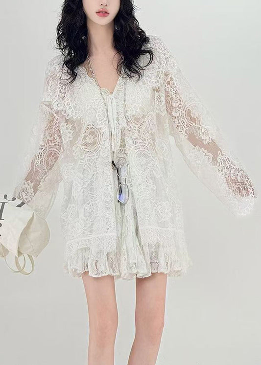 Loose White Hooded Hollow Out Lace Up Lace Cardigans Summer