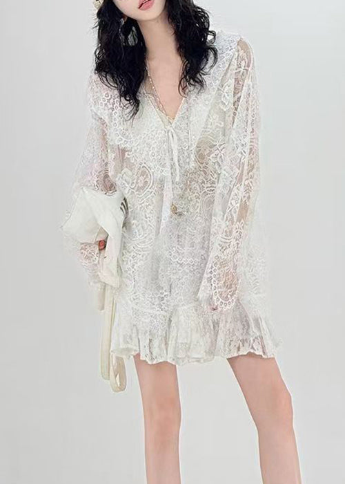 Loose White Hooded Hollow Out Lace Up Lace Cardigans Summer