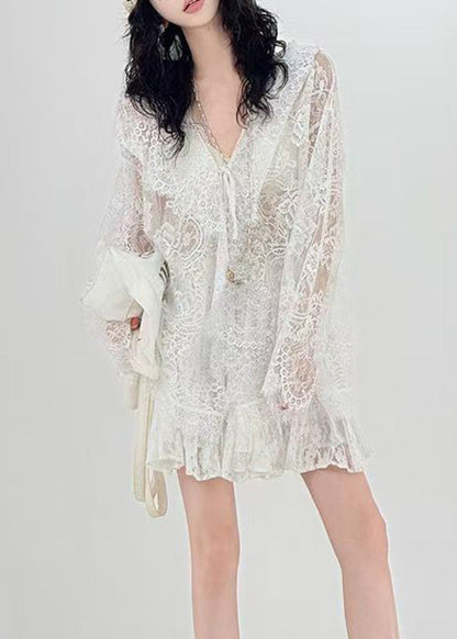 Loose White Hooded Hollow Out Lace Up Lace Cardigans Summer
