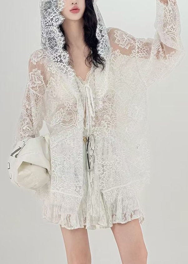 Loose White Hooded Hollow Out Lace Up Lace Cardigans Summer