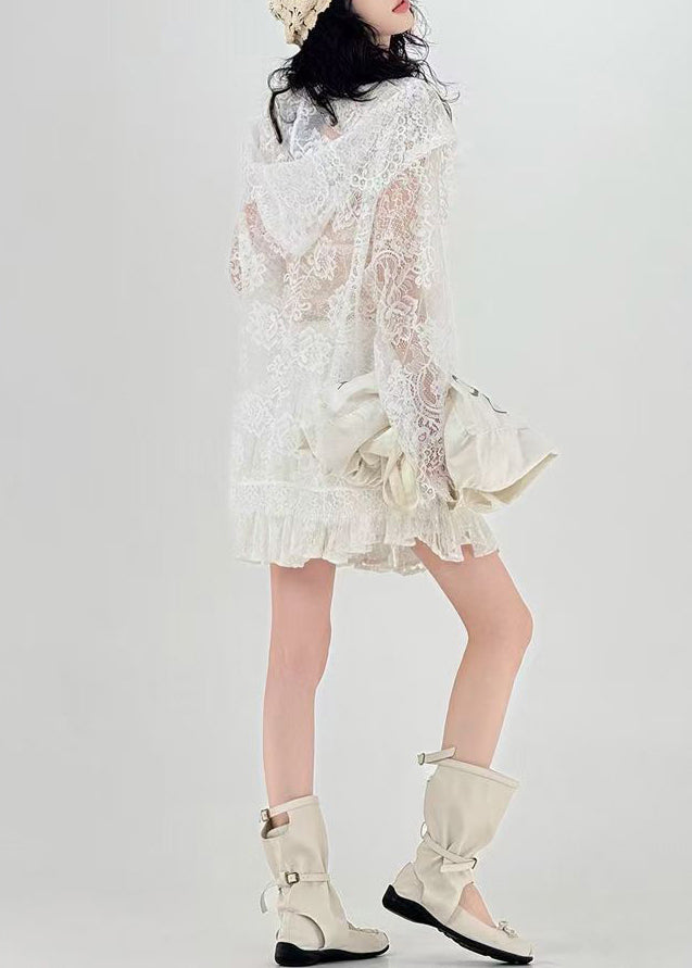 Loose White Hooded Hollow Out Lace Up Lace Cardigans Summer