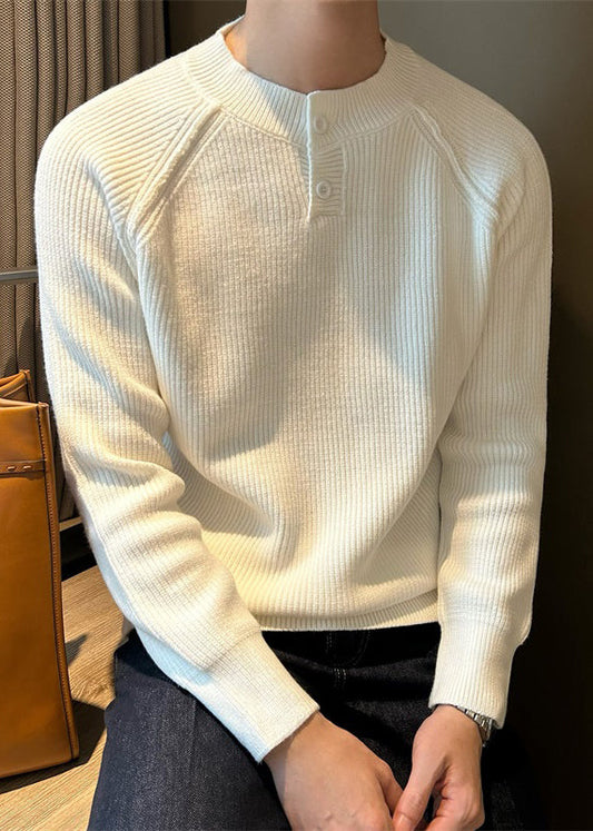 Loose White O Neck Button Solid Knit Mens Sweaters Fall