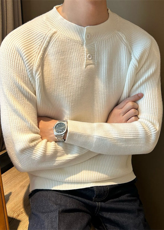 Loose White O Neck Button Solid Knit Mens Sweaters Fall