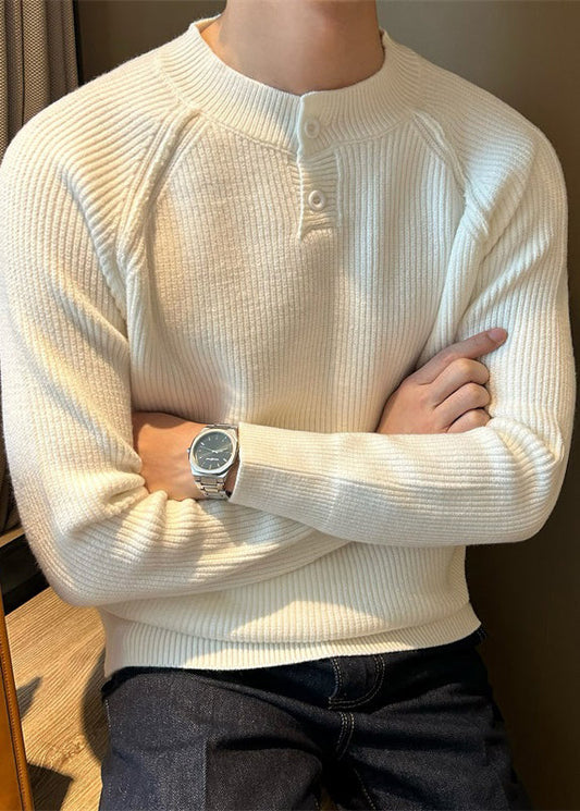 Loose White O Neck Button Solid Knit Mens Sweaters Fall