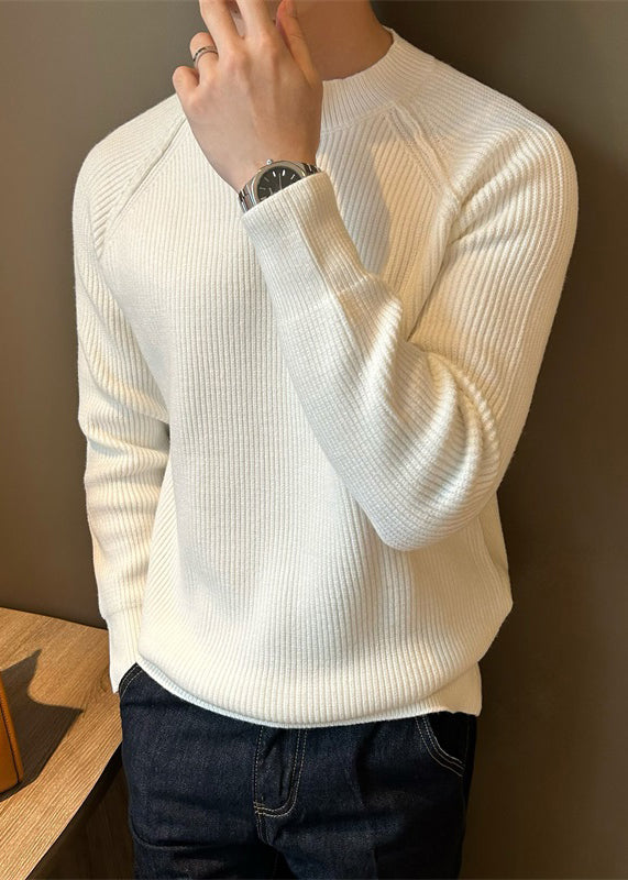 Loose White O Neck Button Solid Knit Mens Sweaters Fall