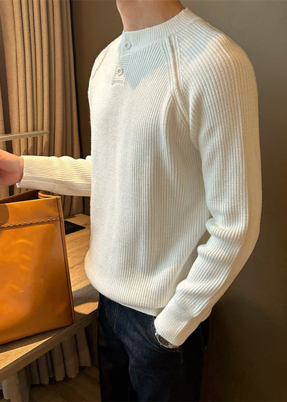 Loose White O Neck Button Solid Knit Mens Sweaters Fall