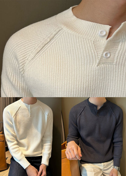 Loose White O Neck Button Solid Knit Mens Sweaters Fall