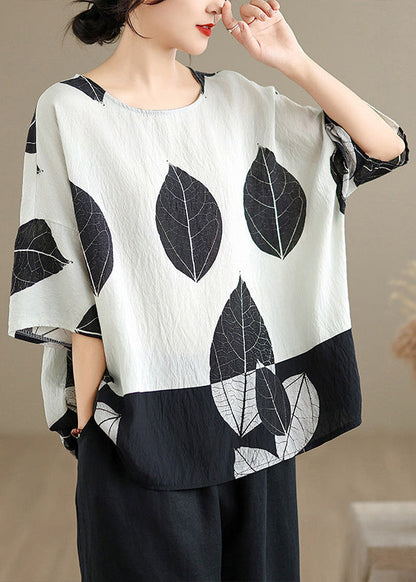 Loose White O-Neck Leaf Print Top Summer