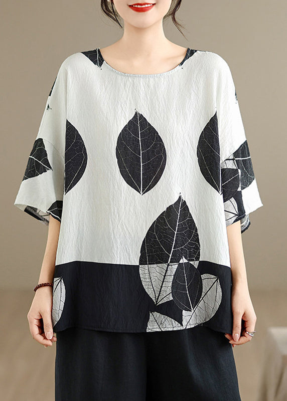 Loose White O-Neck Leaf Print Top Summer