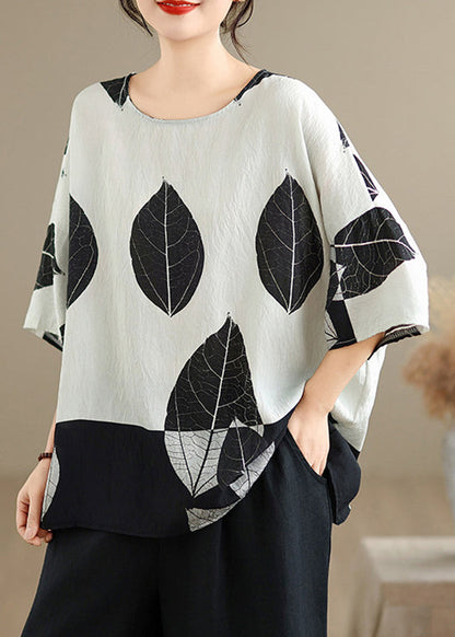 Loose White O-Neck Leaf Print Top Summer