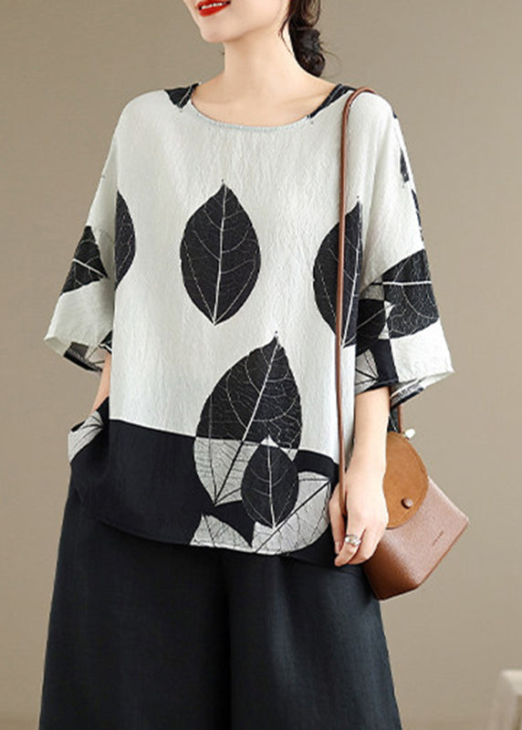 Loose White O-Neck Leaf Print Top Summer