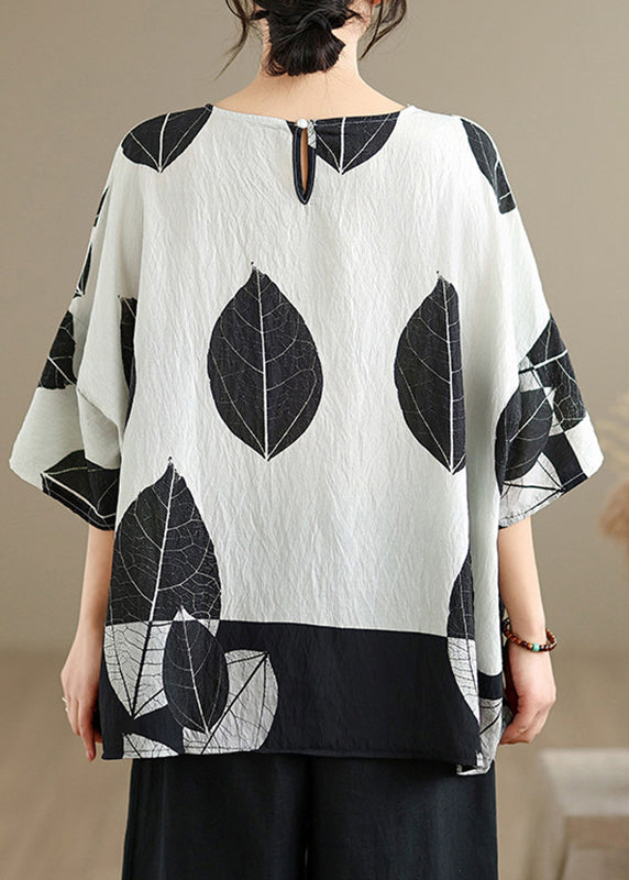 Loose White O-Neck Leaf Print Top Summer