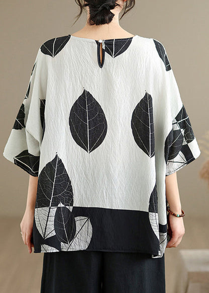Loose White O-Neck Leaf Print Top Summer