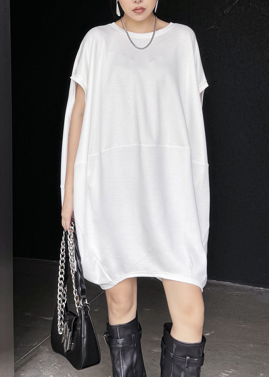 Loose White O Neck Patchwork Cotton Mid Dress Batwing Sleeve
