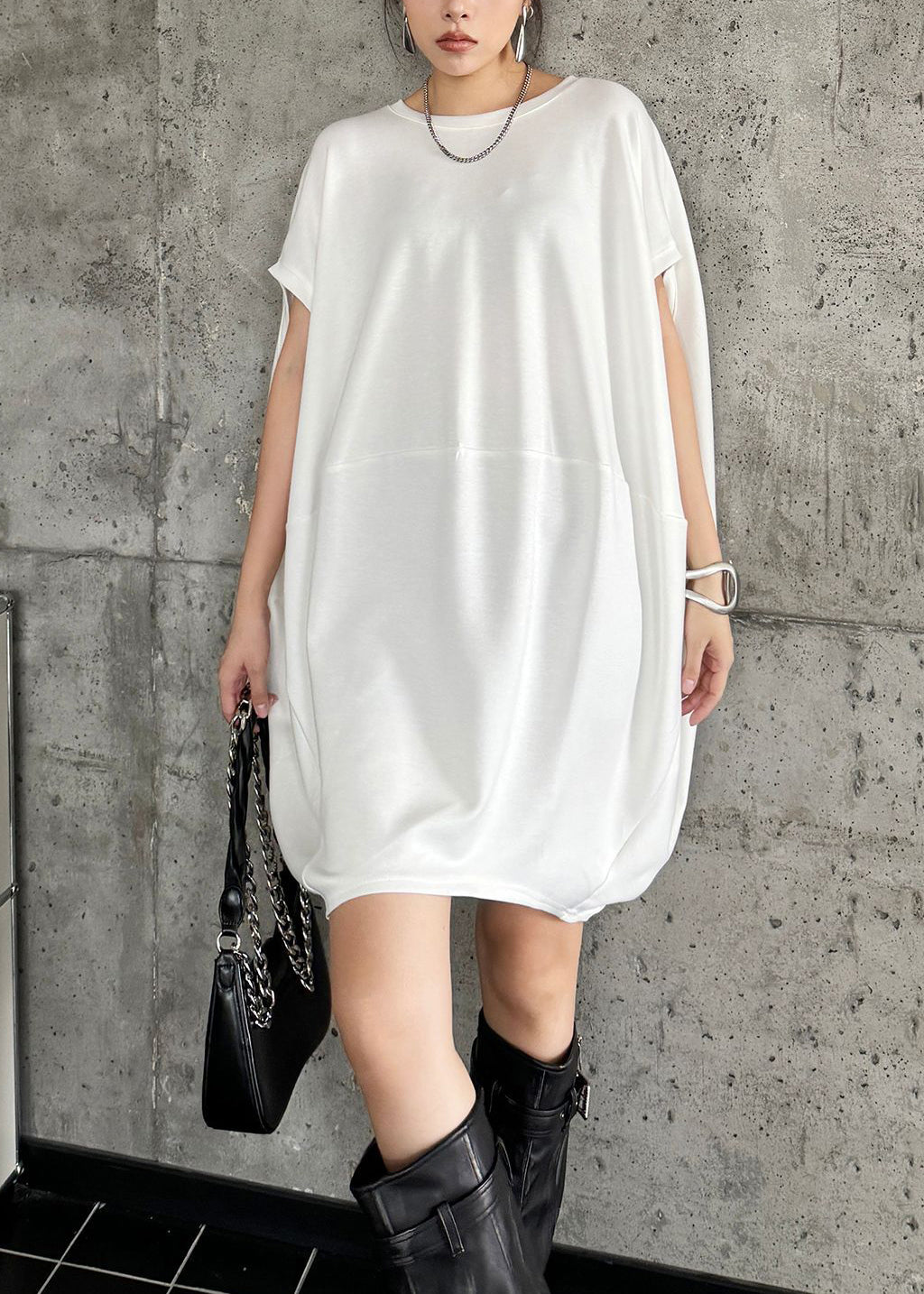 Loose White O Neck Patchwork Cotton Mid Dress Batwing Sleeve