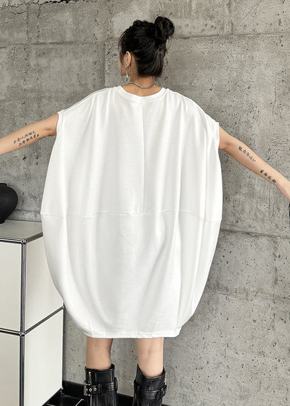 Loose White O Neck Patchwork Cotton Mid Dress Batwing Sleeve