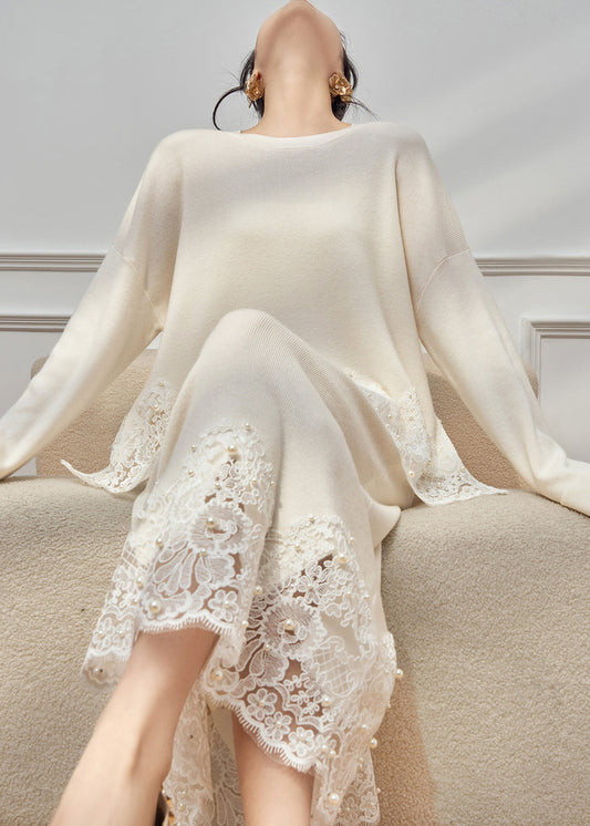 Loose White O Neck Pearl Lace Patchwork Knit Two Pieces Set Winter