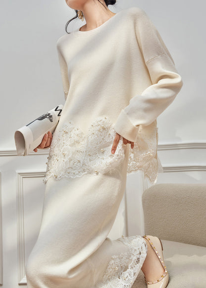 Loose White O Neck Pearl Lace Patchwork Knit Two Pieces Set Winter