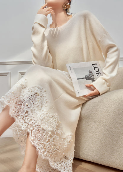 Loose White O Neck Pearl Lace Patchwork Knit Two Pieces Set Winter