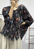 Loose White O Neck Print Button Cotton Shirt Bracelet Sleeve