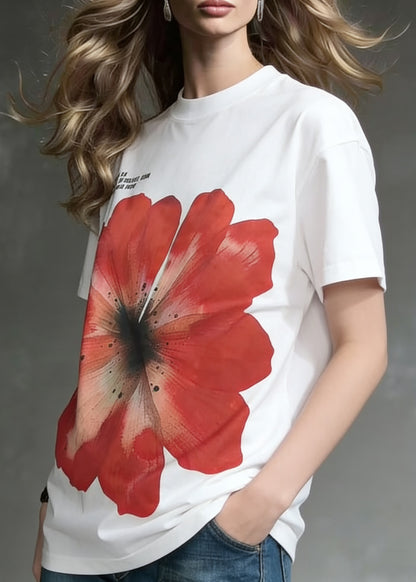 Loose White O-Neck Print Letter Cotton T Shirts Summer
