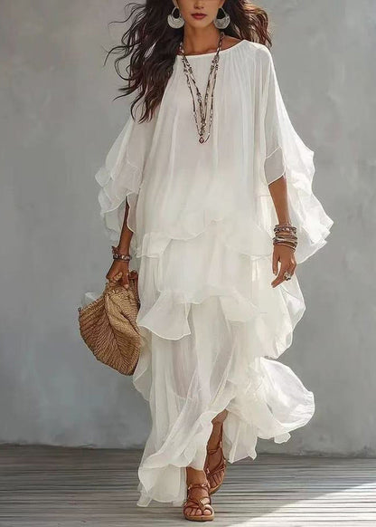 Loose White O-Neck Ruffled Asymmetrical Vacation Dress Summer