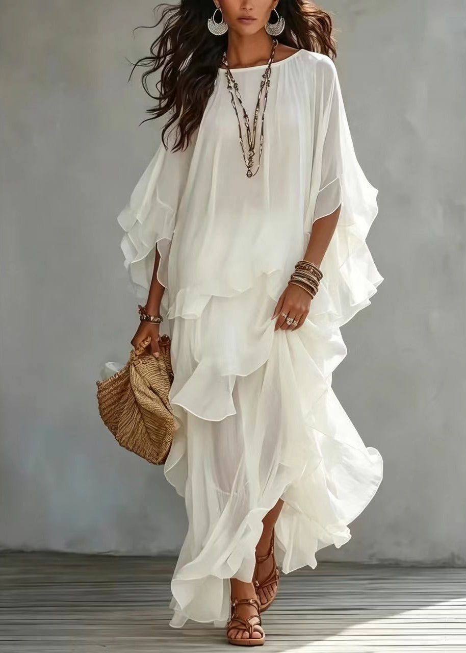 Loose White O-Neck Ruffled Asymmetrical Vacation Dress Summer