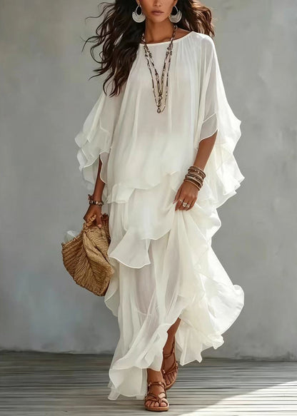Loose White O-Neck Ruffled Asymmetrical Vacation Dress Summer