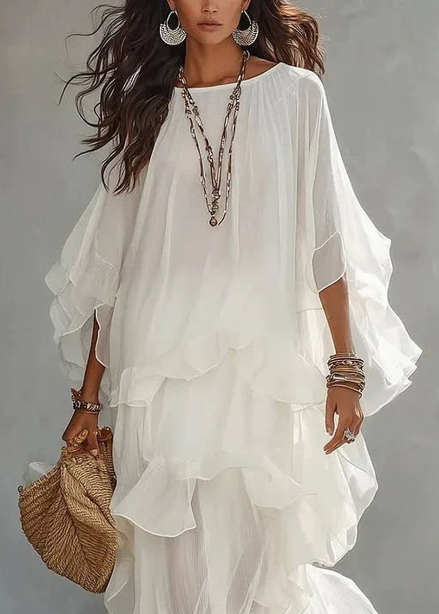 Loose White O-Neck Ruffled Asymmetrical Vacation Dress Summer