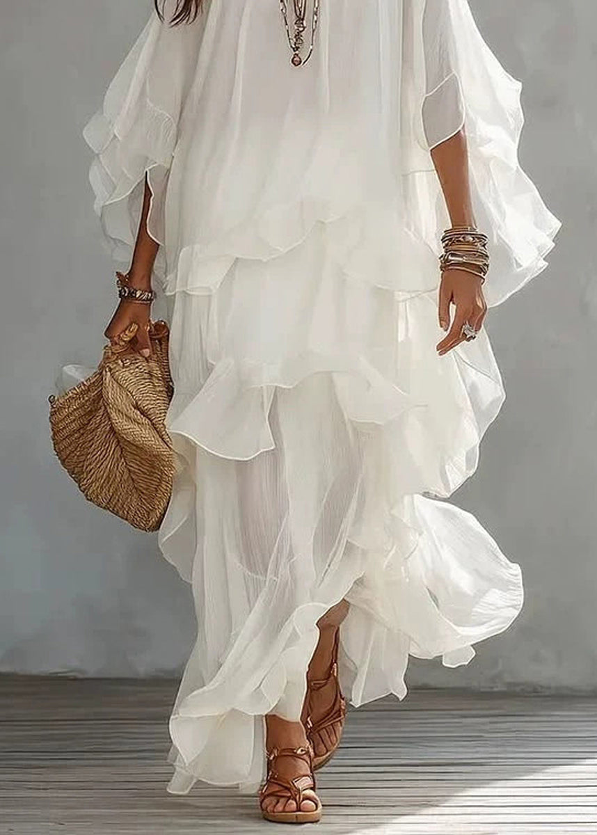 Loose White O-Neck Ruffled Asymmetrical Vacation Dress Summer