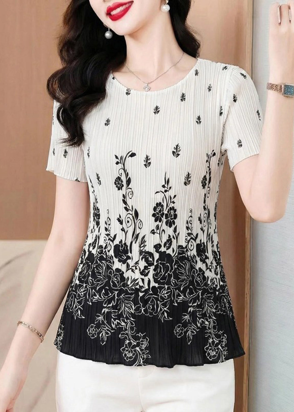 Loose White O-Neck Wrinkled T Shirt Short Sleeve