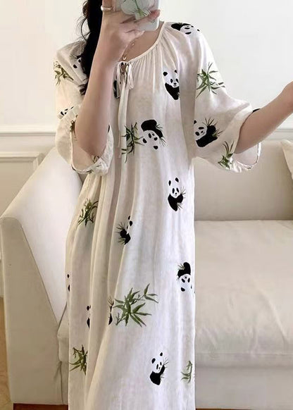 Loose White Panda Print Tie Lace Print Slips Summer