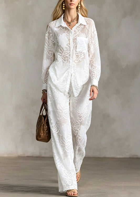 Loose White Peter Pan Collar Cotton Two Piece Set Outfits Long Sleeve