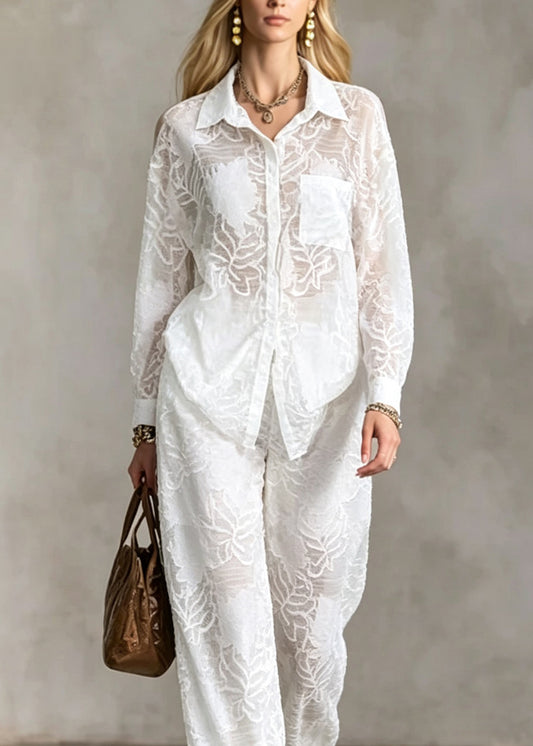 Loose White Peter Pan Collar Cotton Two Piece Set Outfits Long Sleeve