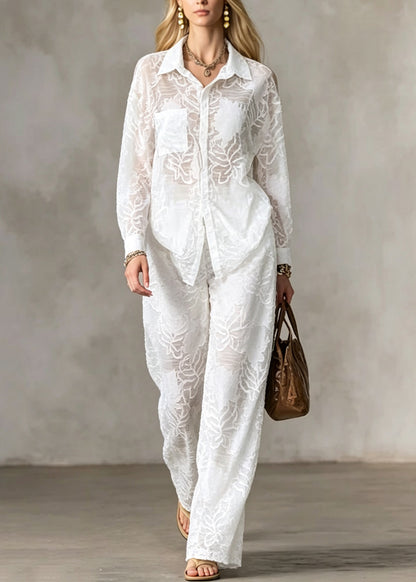 Loose White Peter Pan Collar Cotton Two Piece Set Outfits Long Sleeve
