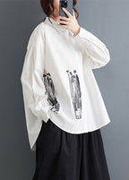 Loose White Peter Pan Collar Print Pockets Cotton Blouses Fall