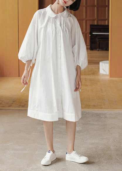 Loose White Peter Pan Collar Wrinkled Cotton Dresses Lantern Sleeve