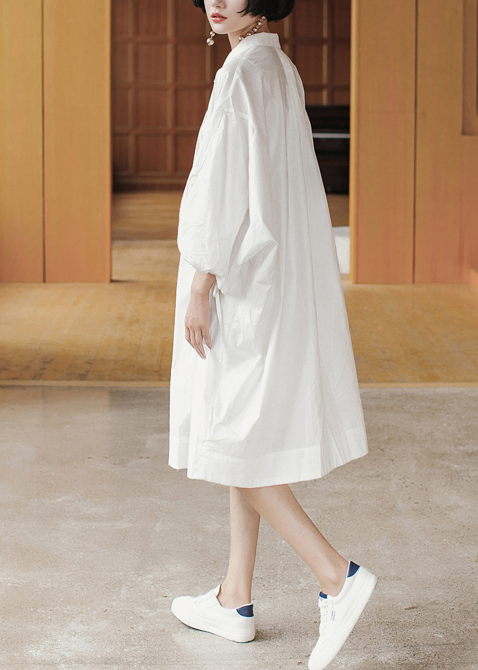 Loose White Peter Pan Collar Wrinkled Cotton Dresses Lantern Sleeve