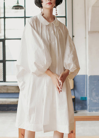 Loose White Peter Pan Collar Wrinkled Cotton Dresses Lantern Sleeve