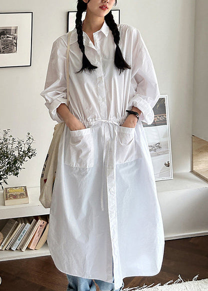 Loose White Pockets Cinched Cotton Shirts Dresses Fall