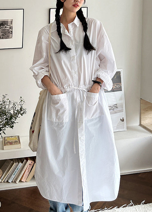 Loose White Pockets Cinched Cotton Shirts Dresses Fall