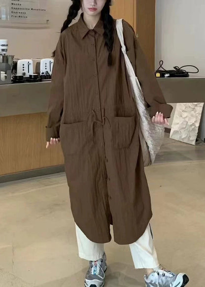 Loose White Pockets Cinched Cotton Shirts Dresses Fall