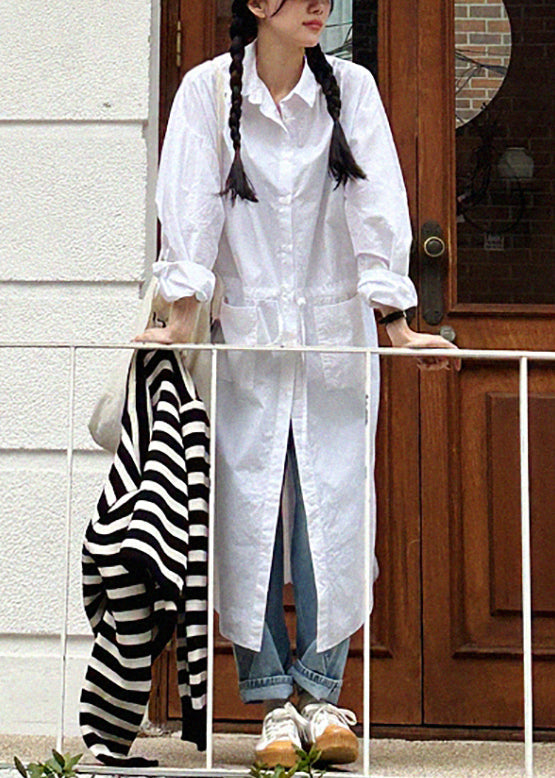 Loose White Pockets Cinched Cotton Shirts Dresses Fall