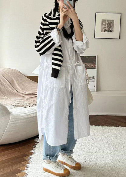 Loose White Pockets Cinched Cotton Shirts Dresses Fall