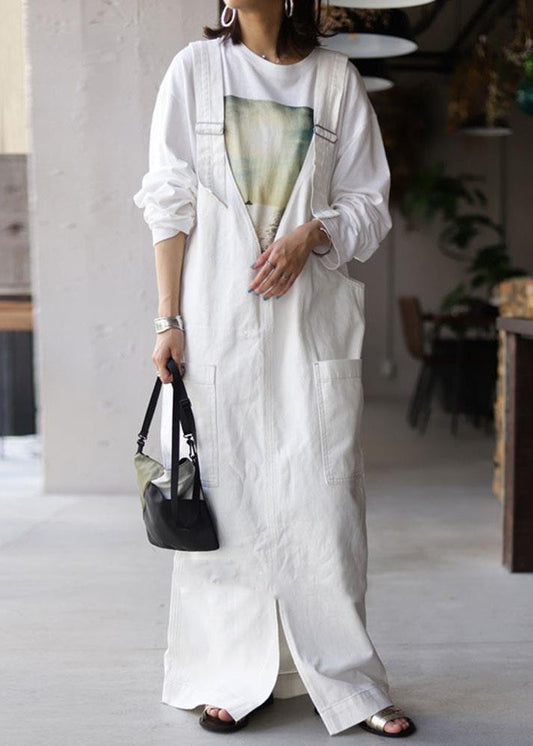 Loose White Pockets Side Open Cotton Cami Dress Summer