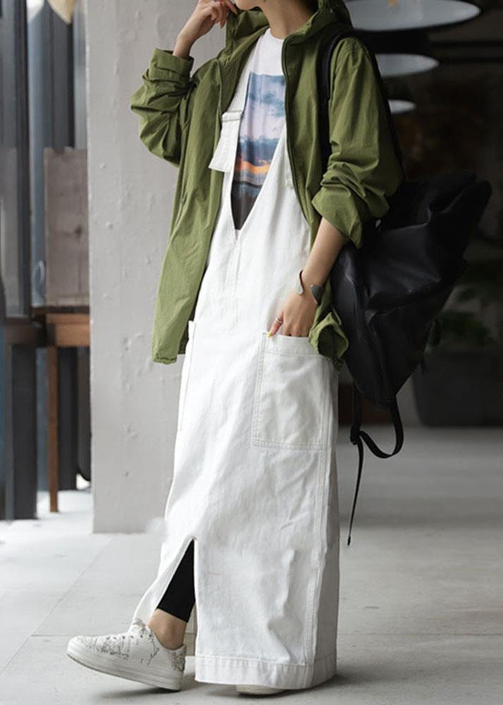 Loose White Pockets Side Open Cotton Cami Dress Summer