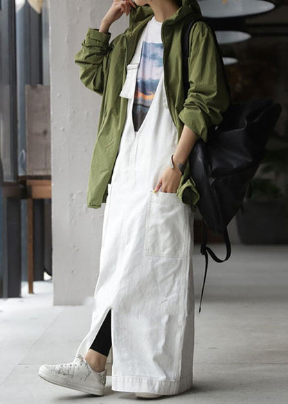 Loose White Pockets Side Open Cotton Cami Dress Summer
