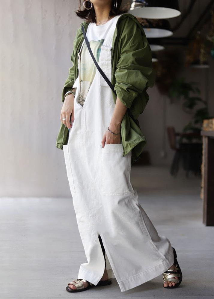 Loose White Pockets Side Open Cotton Cami Dress Summer